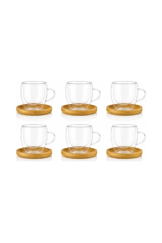 6'lı Çift Cidarlı Cam Kupa & Bambu Tabak Seti Espresso & Türk Kahvesi Fincan Takımı 90 Ml Çok Renkli