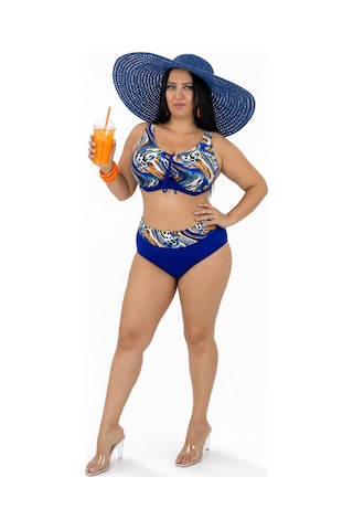 Büyük Beden Sabit Kaplı Telli Desenli Üst Bağcık Detaylı Yüksek Bel Kadın Bikini Takımı