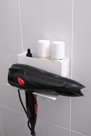 Beyaz Metal Yapışkanlı Saç Kurutma Askısı, Yapışkanlı Banyo Düzenleyici Organizer Fön Makinelik Siyah