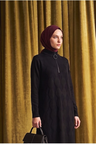 Armine Trend Baklava Desenli Fermuar Yaka Uzun Triko Tunik Siyah 25ktd4112