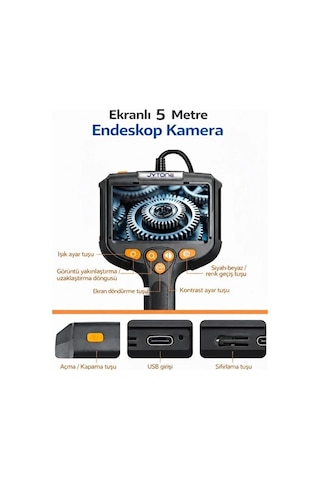 Monitörlü Tek Kameralı 10 Mt Sert Kablo Yılan Endoskop Kamera 5,5 Mm 4.3 Inc Ekran Ip67 Su Geçirmez Led Işıklı Çok Renkli
