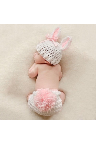 Yenidoğan Bebek Kız Erkek Tığ Örgü Kostüm Fotoğraf Fotoğraf Sahne Şapka Kıyafet Beyaz - Pembe