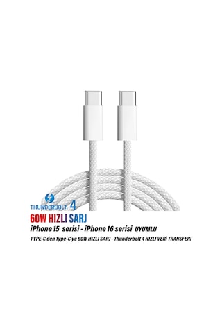 Apple Uyumlu iPhone 16-16 Plus-16 Pro-16 Promax Type-c Şarj Kablosu Thunderbolt 4 Usb-c Hızlı 60w