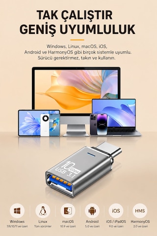 Type-c - Usb 3.1 Otg Dönüştürücü Adaptör, Usb-c Erkek Usb-a Dişi Çevirici, 10gbps Hızlı Veri Aktarımı, Harici Disk Klavye Mouse Hub Uyumlu, Alüminyum Gövde S602