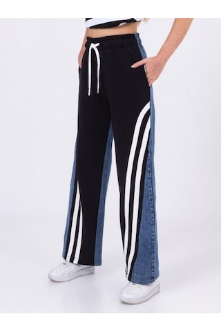 Zekids Kız Çocuk Şeritli Bol Paça Denim Pantolon-13453-siyah Siyah