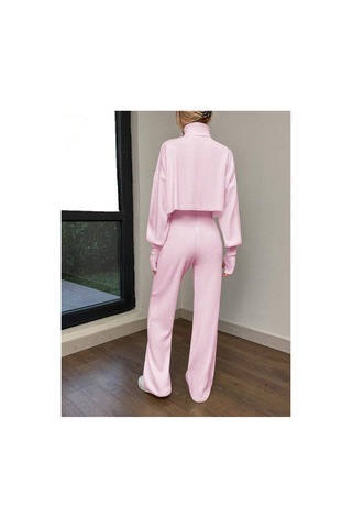 De Pose Pembe Parmak Geçmeli Crop Yüksek Bel Triko Takım
