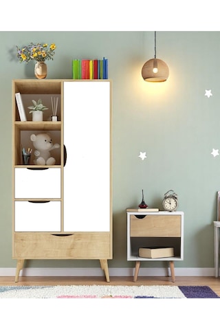Floradesign Mango Çocuk Odası Takımı 1 Adet Gardırop +1 Adet Komodin Kahve Beyaz
