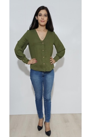 Kadın Gömlek Düğmeli Haki Haki