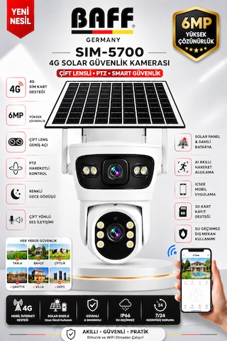 SIM-5700 6MP 4G SIM Kartlı Solar Güvenlik Kamerası Çift Lens PTZ Renkli Gece Görüşlü Dış Mekan (ICSEE)