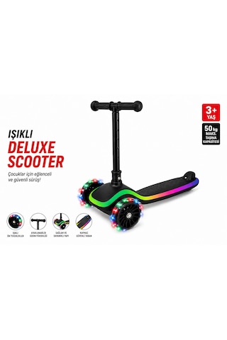 Işıklı Scooter Ön Işıklı Tekerlekler Ayarlanabilir Ön Gidon Kaymaz Güvenli Taban 3+ Yaş Siyah