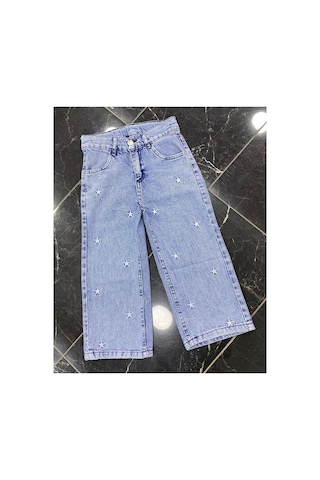 Erdem Kıds Kız Çocuk Jean Pantolon Palazzo Geniş Bol Paça Yıldız Nakışlı Kot Pantolon Açık Mavi Açık Mavi