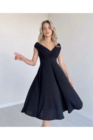 Kadın Kısa Kollu Kruvaze Yaka Eteği Volanlı Krep Elbise Siyah