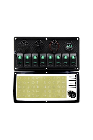Bfy Switch Panel 8'Li +Usb+Plastik Çakmaklık+ Çakmak+ Voltmetre Yeşil
