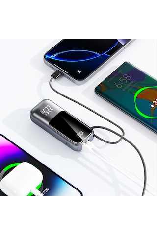 Cepini Cp-01 10.000mah 22.5w Süper Hızlı Şarj Powerbank - Ultra Kompakt Ve Kordon Kablolu Metalik