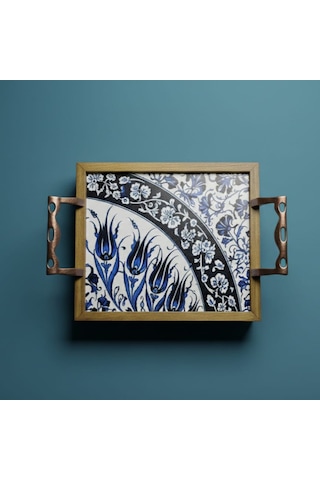 Merlannes Ahşap Sunum Tahtası - %100 El Yapımı - Çam Ağacı, Seramik Ve Çini - 23x23x9,5 Cm Kahverengi