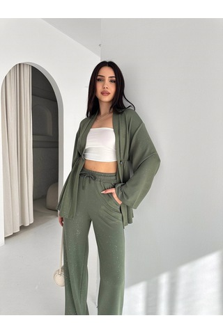 Kadın Simli Uzun Kol Modal Kumaş Kimono Pantolon İkili Takım Şık Ve Rahat Kadın Takım Yeşil