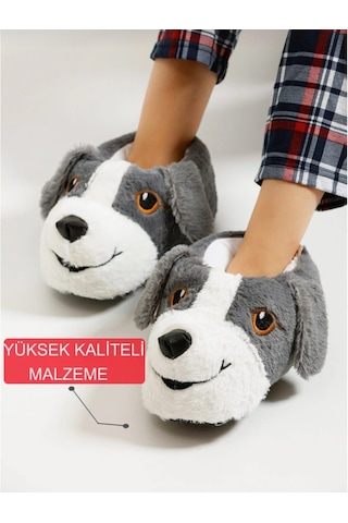 Papucumun Dünyası Unisex Yumuşak Taban Sevimli Köpek Panduf Yetişkin Ve Çocuk Kız Ve Erkek Panduf Gri