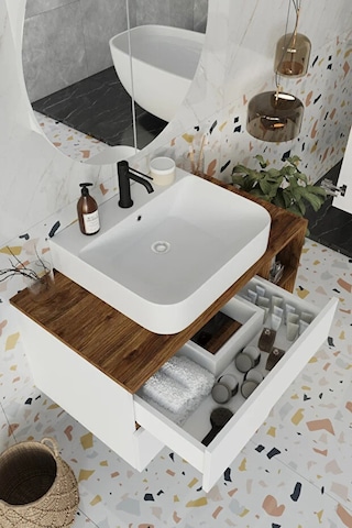 Koza Beyaz 90 Cm %100 Mdf Lavabolu Banyo Dolabı Ayna Lavabo Beyaz