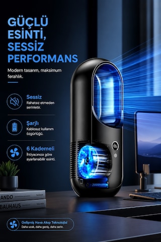 6 Kademeli Şarjlı Masa Vantilatörü Bıçaksız Modern Tasarım Masaüstü Taşınabilir Fan Siyah F177