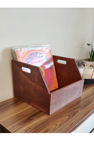 Ahşap Lp Plak Sandığı - Organizer Kutu Kestane Rengi - Wooden Lp Record Box Koyu Kırmızı