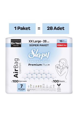 Sleepy Bio Natural Premium Plus Airbag Comfort Süper Paket Külot Bez 7 Numara Xxlarge 28 Adet