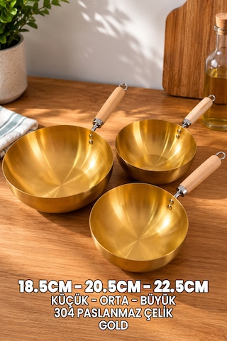 3 Adet Gold Tava Seti - Japon Stil Gold Wok Tava - Tam Yuvarlak Tava - 304 Paslanmaz Çelik Profesyonel Ahşap Saplı -