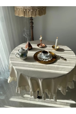 Vintage Fırfırlı Fistolu Ham Keten Yuvarlak Masa Örtüsü Naturel - Bej