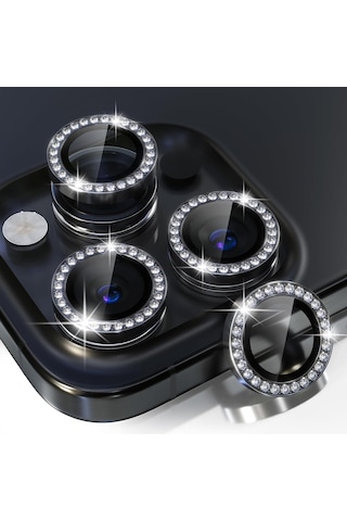 İphone 15 Pro,15 Pro Max İçin, Taşlı, Kamera Lens Koruyucu, Basit Kurulum, Hd Görüntü, Metal Çerçeve, 9h Temperli Cam, Çizilmeye Dayanıklı, Diamond Camera Lens Protector Siyah