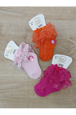 Ünlü Çorap 3 Çift Bebe Çorap Dantelli Fiyonklu Coton Çok Renkli