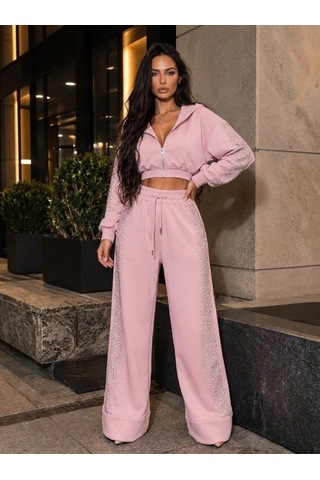 Zennamoda Kadın Taş Baskı Detaylı Fermuarlı Crop Sweatshirt Ve Geniş Paça Eşofman Takımı Pembe