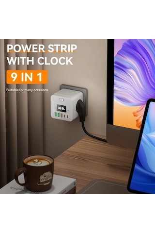 Motion003 9'lu Çoklu Fişli Saat Priz Adaptörü 3 Usb Portu Aşırı Yük Koruması Ev Ofis İ