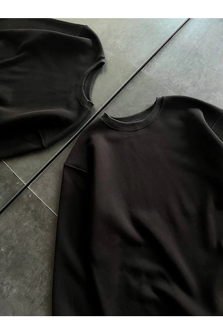 Primemagazam Kadın Bisiklet Yaka 3 İplik Pamuklu Basic Sweatshirt - Siyah Çeşitli