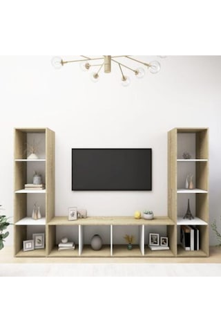 Er Kitaplıklı Televizyon Sehpası Ünitesi - Kitaplık-meşe Beyaz 180 Cm 12 Raflı Meşe - Beyaz