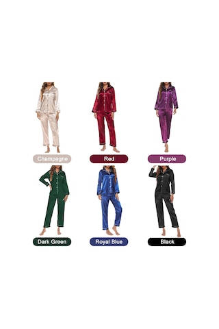 Kadın Pijama Takımı Uzun Kollu Çentikli Yaka Düğmeli Yumuşak Saten Pijama - Koyu Yeşil