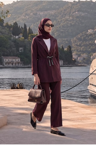 Avenna Belden Bağlamalı Ceket Bol Paça Pantolonlu İkili Takım Mürdüm 26ya630