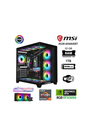 Xaser Delux X07 R7-5700X 32 GB 1 TB M.2 NVMe SSD 8 GB RTX5050 Free Dos Masaüstü Oyuncu Bilgisayarı