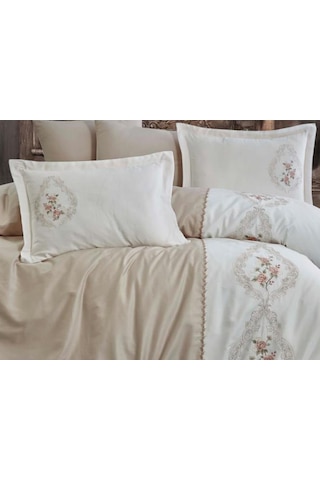 Dantela Isabella Nakışlı Pamuk Saten Nevresim Takımı Bej