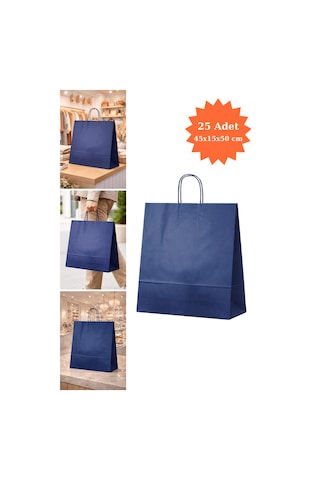 Elit Burgu Saplı Kraft Çanta Mavi Fsc Sertifikalı Kağıt Poşet Butik Hediye Torbası 45x15x50 Cm 25li