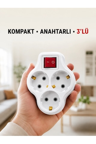 Anahtarlı 3 Lü Priz Çoğaltıcı Kablosuz Duvar Tipi Topraklı Priz Çoklayıcı 1