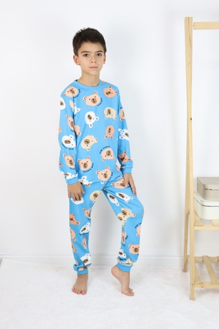 Erkek Çocuk Baskılı İnterlok Kumaş Uzun Kollu Pijama Takımı Açık Mavi