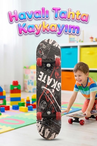Skate Desenli Rulmanlı 4 Tekerlekli Başlangıç Kaykayı Konforlu Eğlenceli Ahşap Çocuk Skateboard Kırmızı