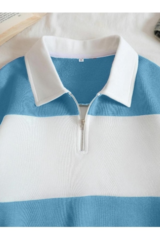 Unisex Çizgili Oversize Polo Yaka Yarım Fermuarlı Sweatshirt 001