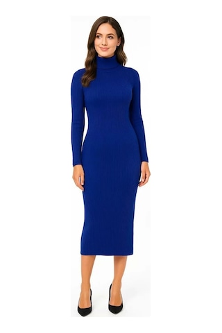 Kadın Boğazlı Uzun Fitilli Triko Dokuma Elbise - Saks Mavisi Saks Mavisi