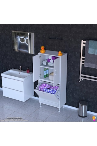 Eliusta Miretta Üst Bölme Kapaklı Altı Kirli Sepetli Dolap 65 Cm Genişlik Beyaz 65x138x32,5 Cm Dolap Beyaz