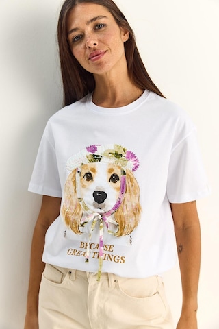 Shade Kadın Baskı Ve Payet Detaylı Fiyonklu Basic T-shirt 7643 60286115 - Beyaz