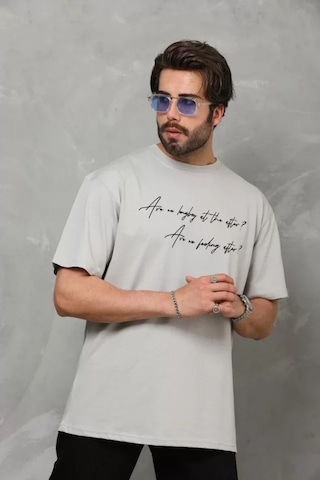 Vexor Unisex Bisiklet Yaka Baskılı Oversize T-shirt - Gri