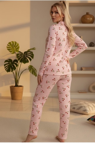 Siyah İnci Yumuşak Tuşe Kışlık Fitilli Düğmeli Pamuklu Örme Pijama Takım 7980 Somon Kiraz