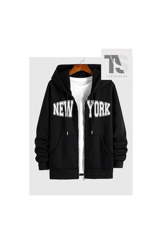 Tarzsokak New York Yazılı Sweatshirt Fermuarlı Hırka Siyah