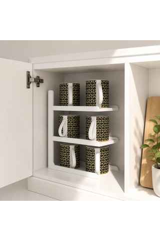 3 Katlı Türk Kahvesi Ve Espresso Fincan Organizeri, Dolap İçi Düzenleyici 16x21,5x7,5 Cm beyaz