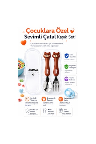Kahverenk Ayı Figürlü Premium Çocuk Bpa Free Paslanmaz Çelik Uçlu Çatal-kaşık Set 24+ Ay